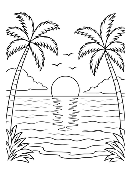 A peaceful sunset reflects across the water in this beach coloring page.