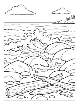Foamy ocean waves crash over smooth rocks in this beach coloring page.