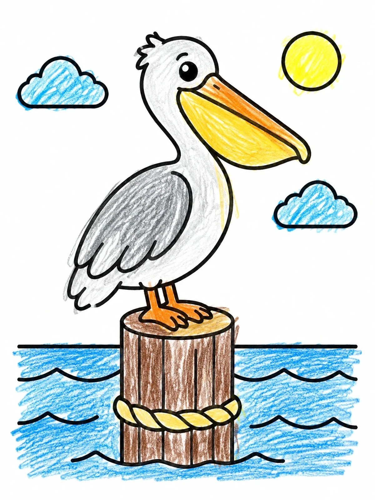 Colored example of the Pelican On A Wooden Pier Post coloring page