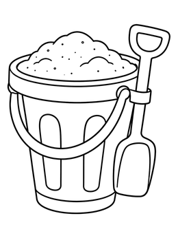 A beach coloring page featuring a toy bucket full of sand with an attached shovel.