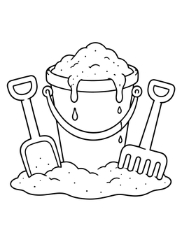 A beach coloring page featuring a sand pail overflowing with wet sand next to a toy shovel and rake.