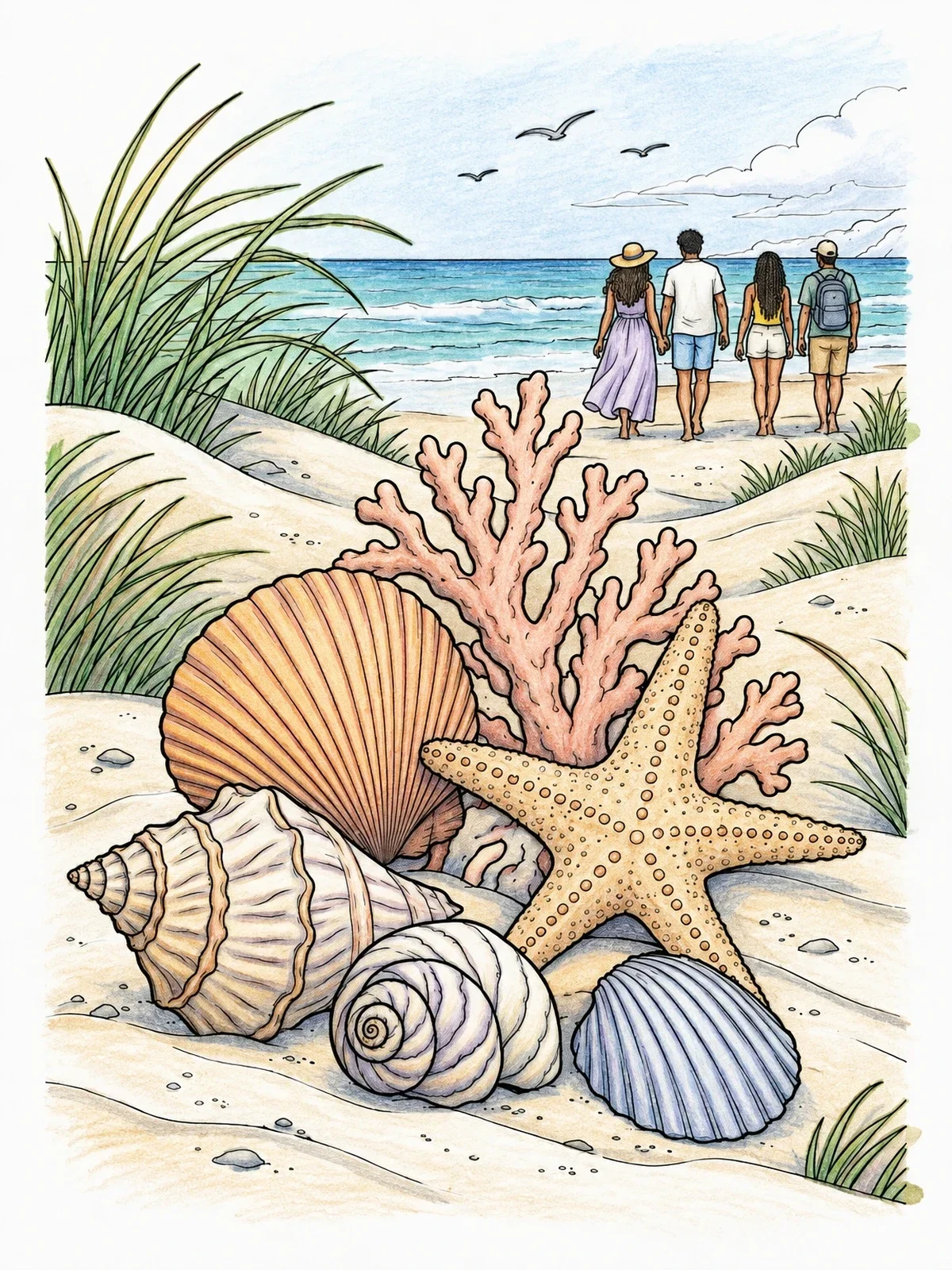 Colored example of the Seashells And Starfish On Coastal Dunes coloring page