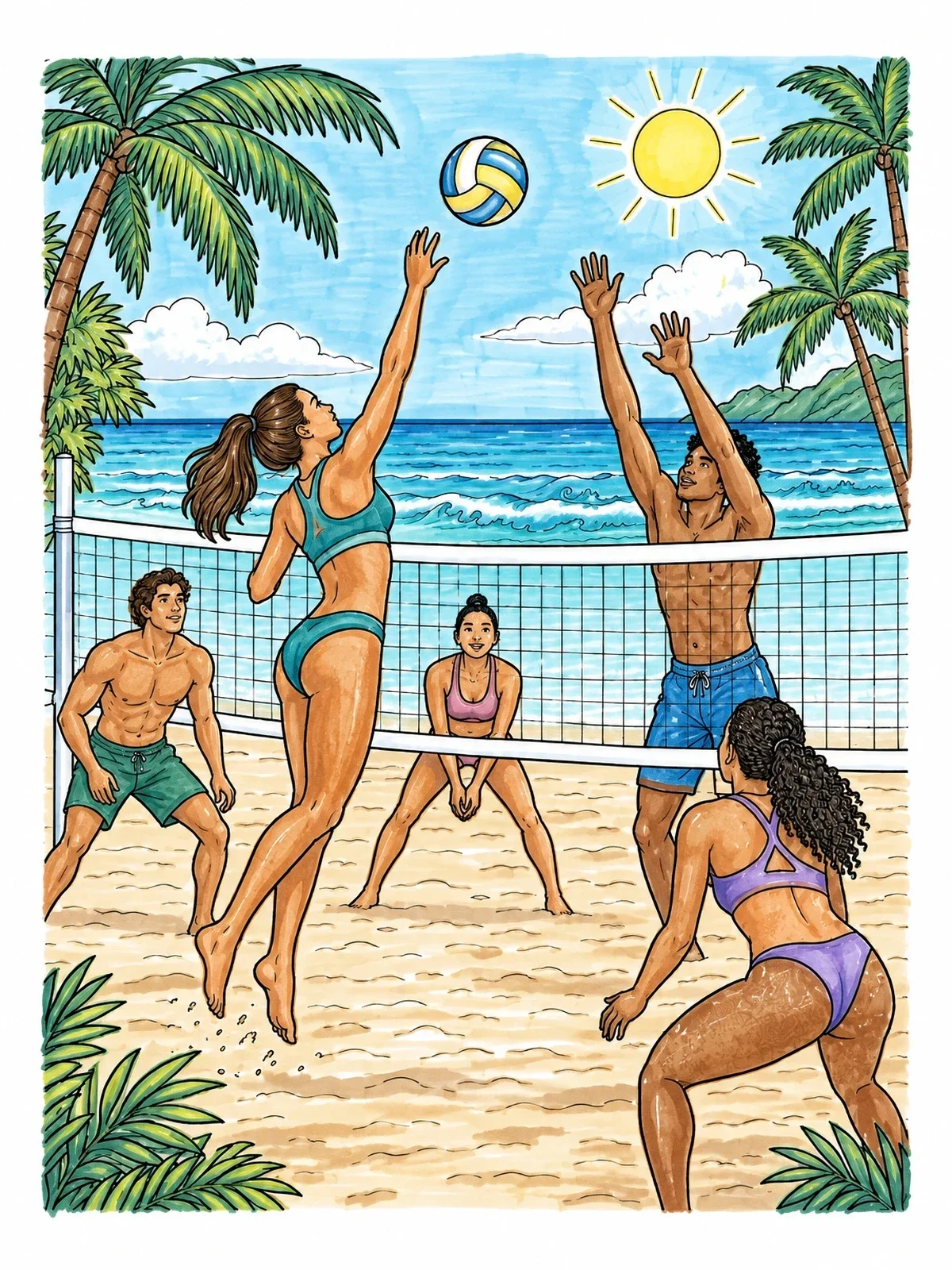Colored example of the Beach Volleyball Match In The Sun coloring page