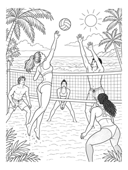 Friends playing a game on this beach volleyball coloring page.
