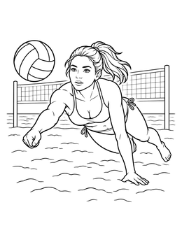 A female beach volleyball player diving on sand in this volleyball coloring page.