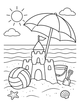 A sunny volleyball coloring page featuring a sandcastle, beach umbrella, and ocean waves.