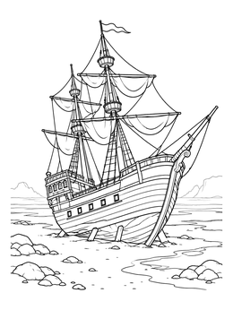 A beached sailing ship stands on the shore in this detailed shipwreck coloring page.