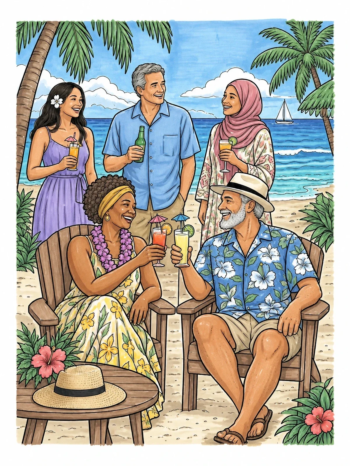 Colored example of the Beachside Retirement Celebration With Friends coloring page