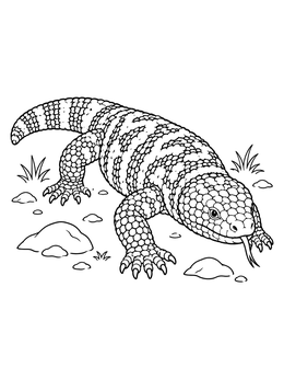 A detailed Gila monster crawling over rocks in this desert coloring page.