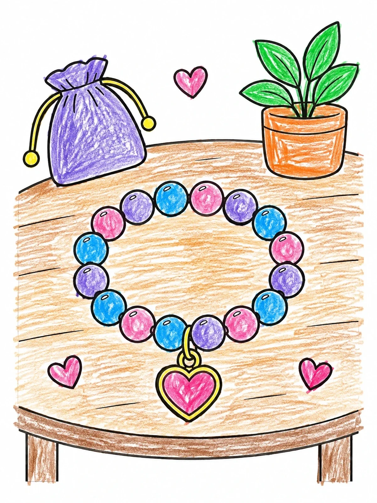 Colored example of the Beaded Heart Charm Bracelet On Table coloring page