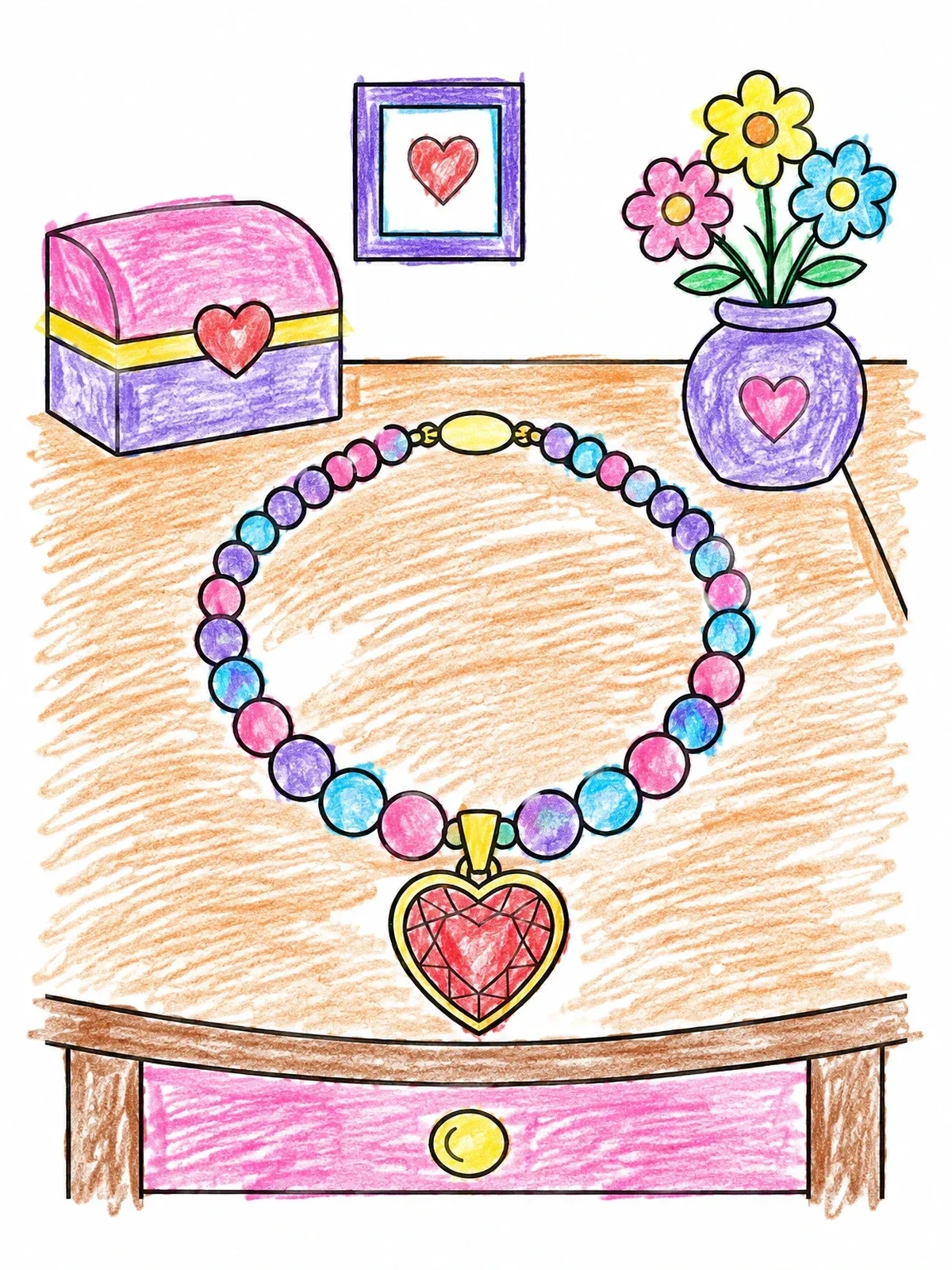 Colored example of the Beaded Necklace With Heart Pendant coloring page