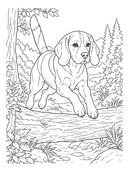 An active beagle coloring page showing the dog hopping over a fallen tree trunk in the woods.