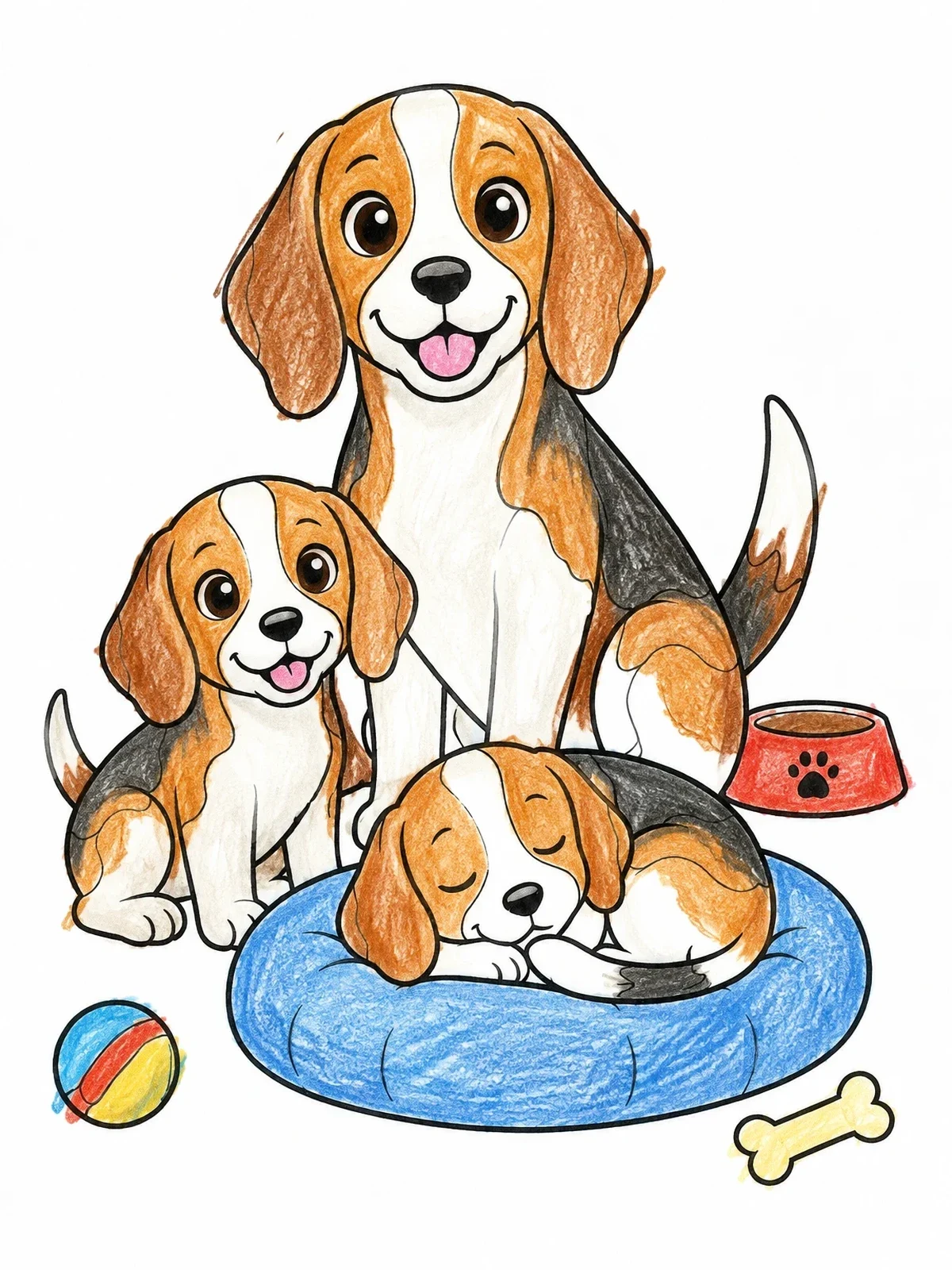 Colored example of the Beagle Mother And Playful Puppies coloring page