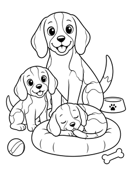 A cute beagle coloring page featuring a mother dog and two puppies resting with their toys.