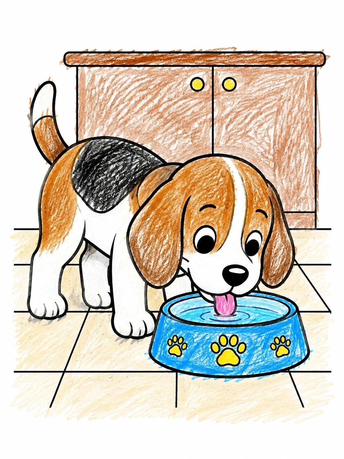 Colored example of the Beagle Puppy Drinking Water coloring page