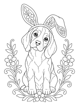 An adorable beagle puppy wearing bunny ears sits framed by florals in this easter dog coloring page.