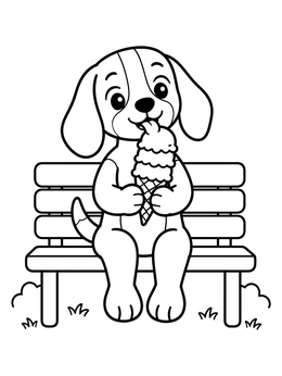 A happy beagle coloring page showing a pup licking a tall ice cream cone on a bench.