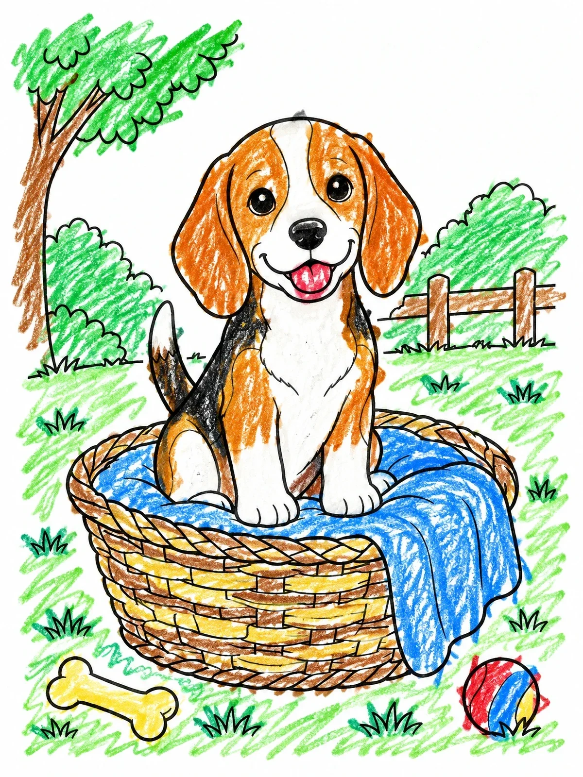 Colored example of the Cheerful Beagle Puppy In Basket coloring page