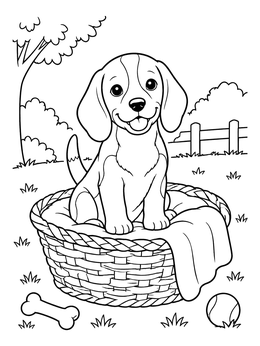 Free printable Cheerful Beagle Puppy In Basket coloring page