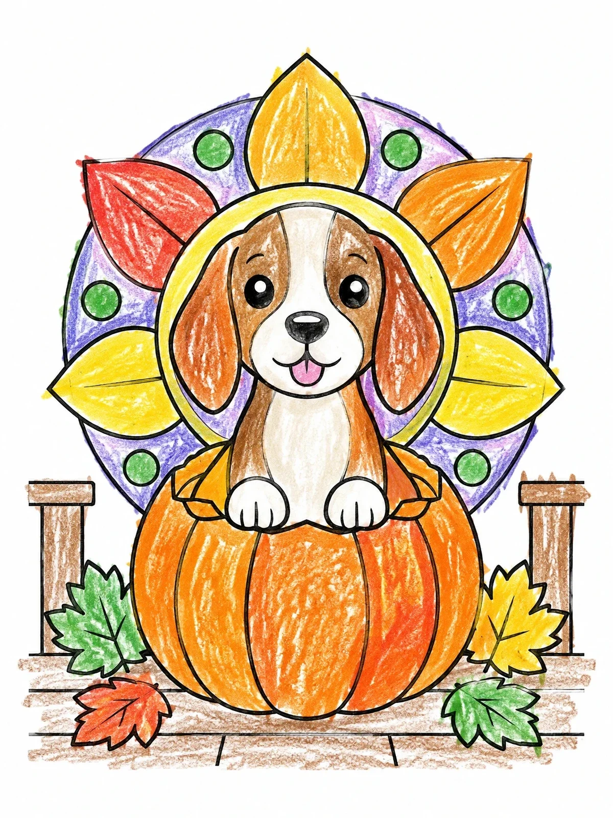 Colored example of the Beagle Puppy Inside Autumn Pumpkin coloring page