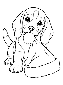 Cute puppy nibbling a pompom on this santa hats coloring page.