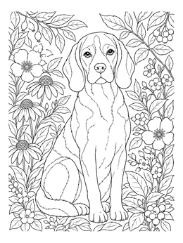 An attentive dog rests in a lush garden on this beagle coloring page.