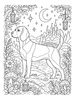 A beagle coloring page showing the hound standing outdoors under a crescent moon with lanterns and a distant castle.