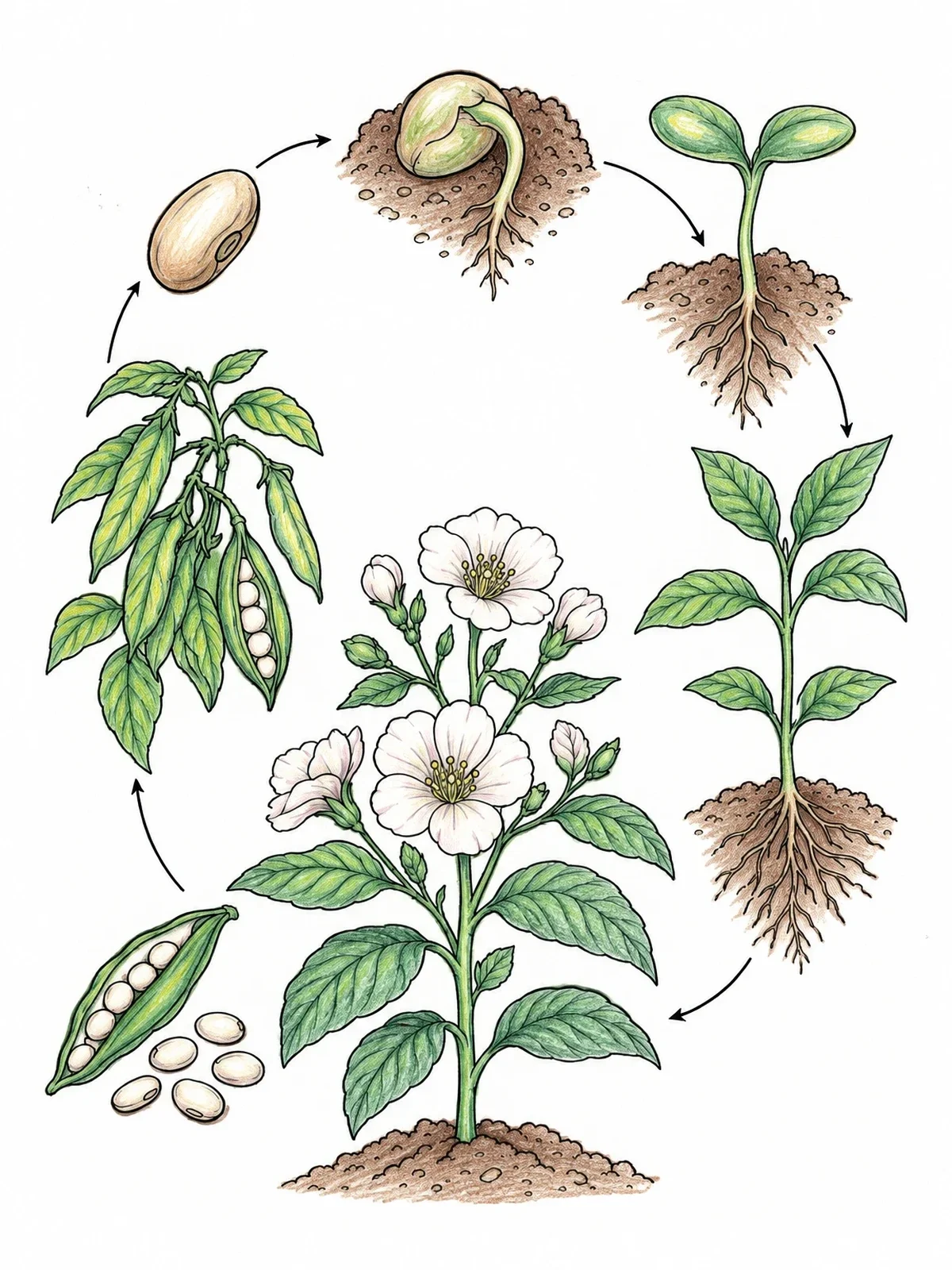 Colored example of the Bean Plant Life Cycle Diagram coloring page