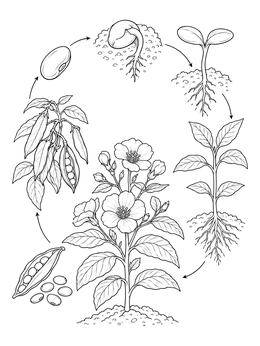 Educational plant coloring page illustrating the full life cycle of a flowering bean plant.