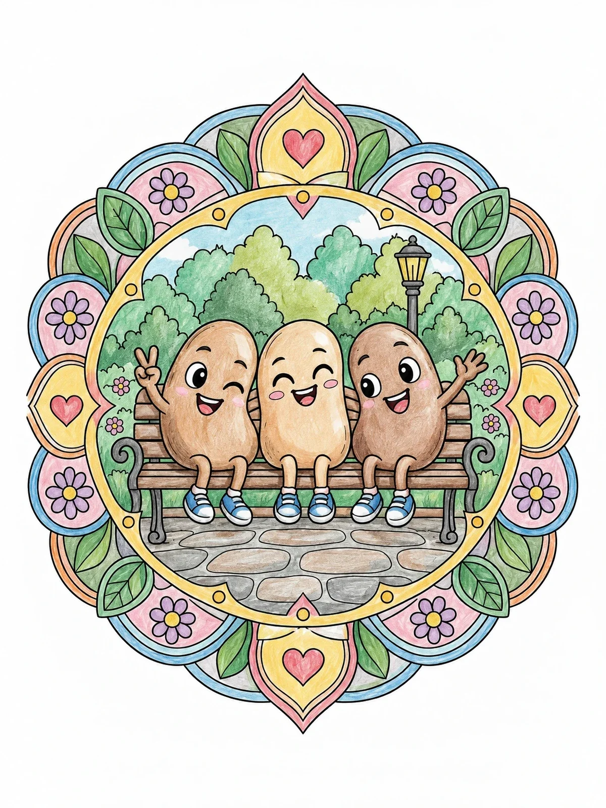 Colored example of the Bean Pals On A Park Bench Mandala coloring page