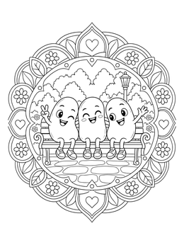 Cute bean characters sitting on a bench in a beans coloring page surrounded by a decorative floral mandala.