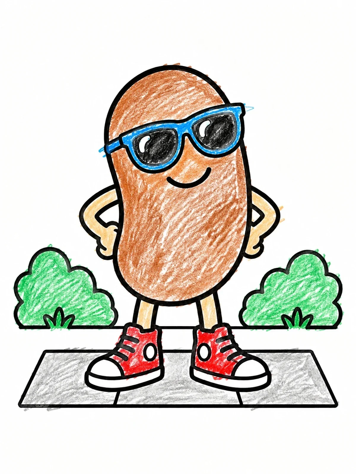 Colored example of the Cool Cartoon Bean With Sunglasses coloring page