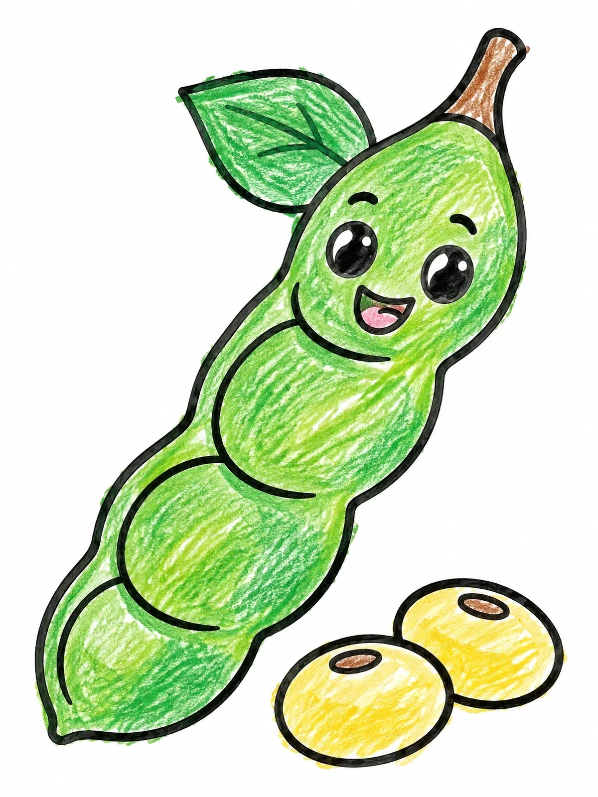 Colored example of the Cute Cartoon Soybean Pod coloring page