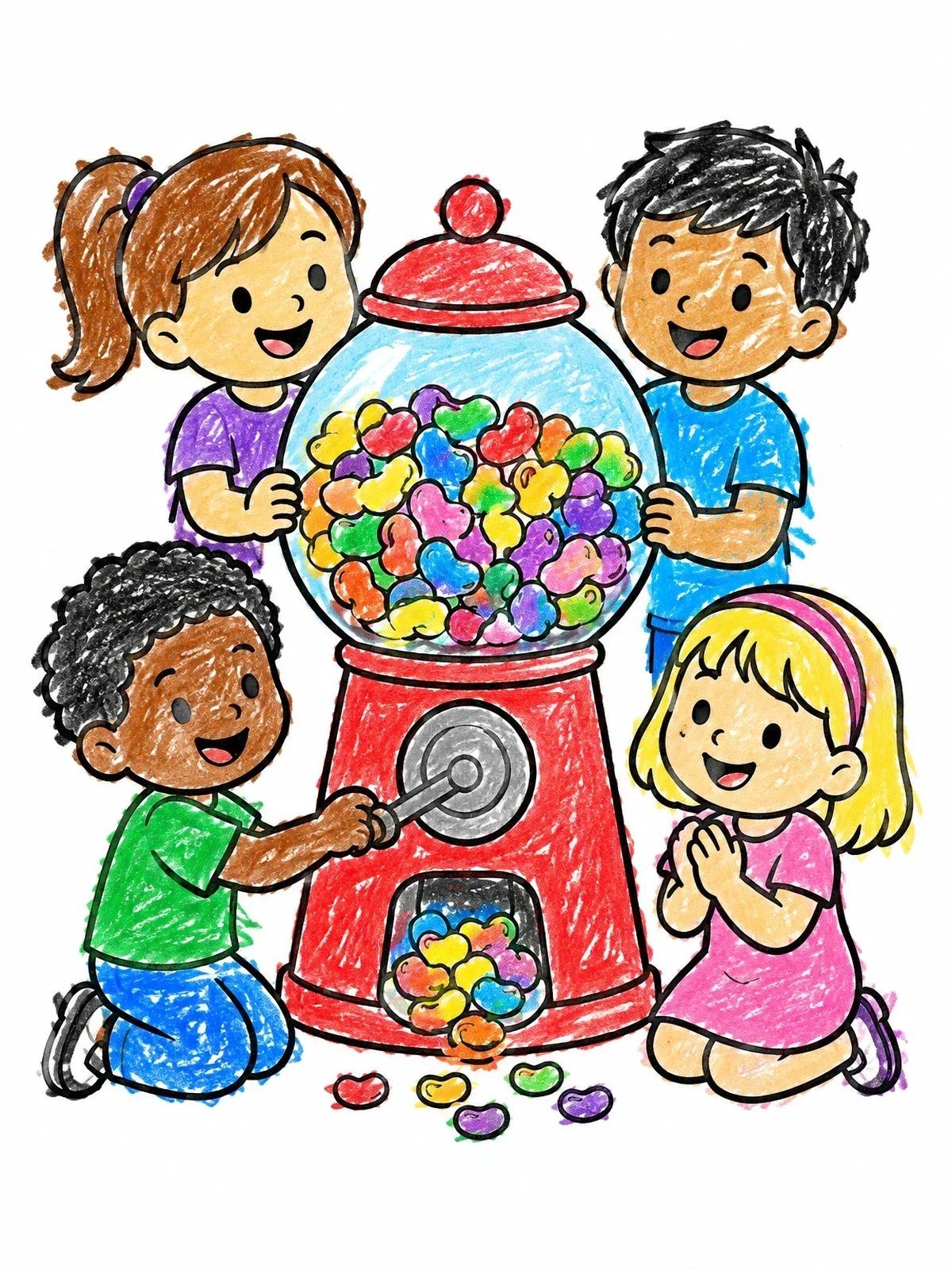 Colored example of the Kids With Jelly Bean Candy Dispenser coloring page