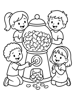 Free printable Kids With Jelly Bean Candy Dispenser coloring page