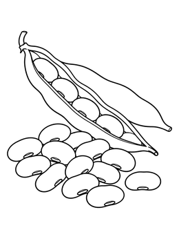 An open bean pod resting above a pile of seeds in this beans coloring page.