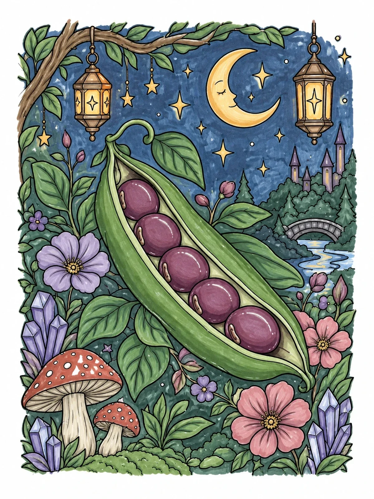 Colored example of the Open Bean Pod Under Night Sky coloring page