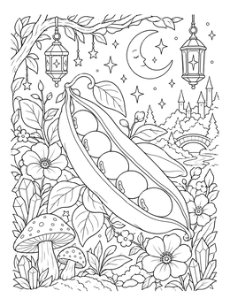 An open bean pod surrounded by flowers, mushrooms, and lanterns in this beans coloring page.