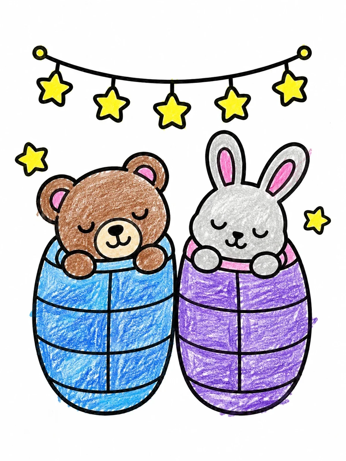 Colored example of the Sleeping Bear And Bunny In Sleeping Bags coloring page