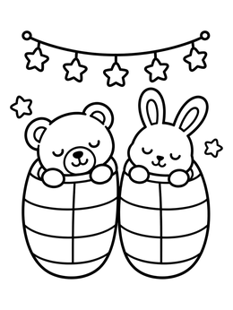 Free printable Sleeping Bear And Bunny In Sleeping Bags coloring page