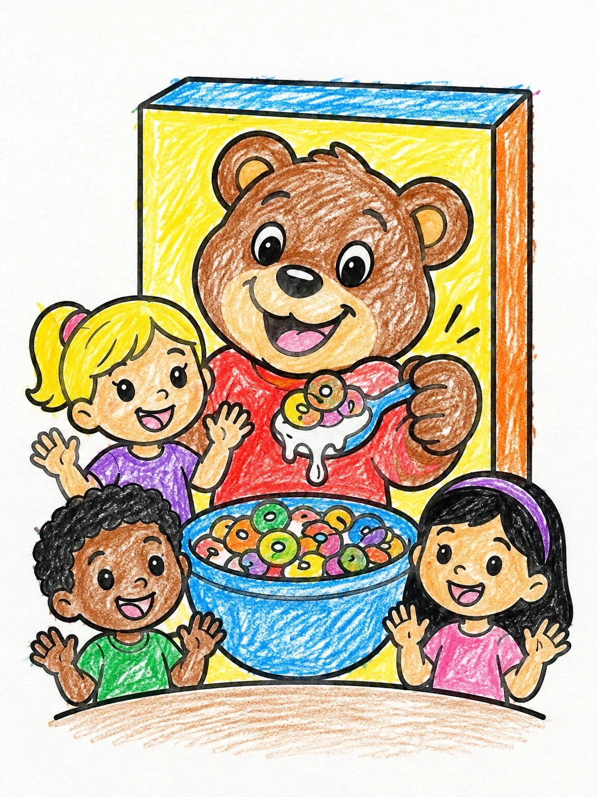 Colored example of the Bear Cereal Box And Cheerful Kids coloring page