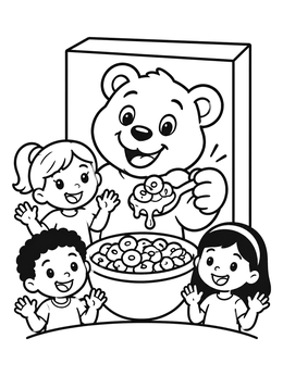 Kids cheering around a cereal coloring page featuring a cartoon bear mascot.