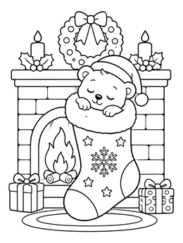 A cute christmas bear coloring page featuring a cub asleep in a stocking by the fire.
