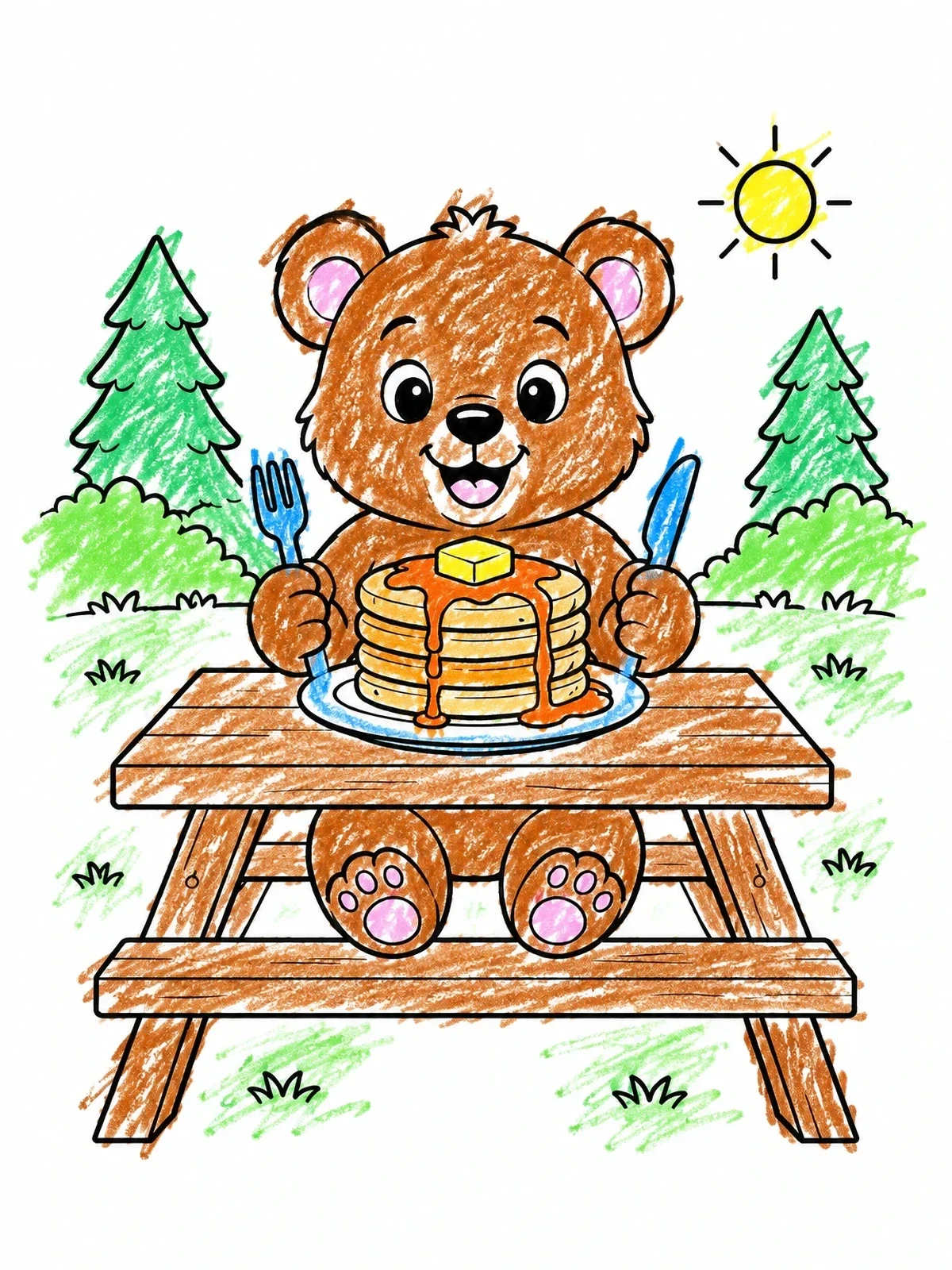 Colored example of the Bear Cub Eating Maple Syrup Pancakes coloring page