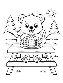 Free printable Bear Cub Eating Maple Syrup Pancakes coloring page
