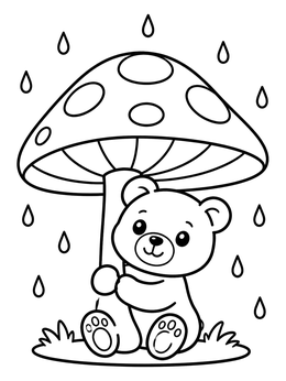 Free printable Bear Cub Sheltering Under Mushroom coloring page