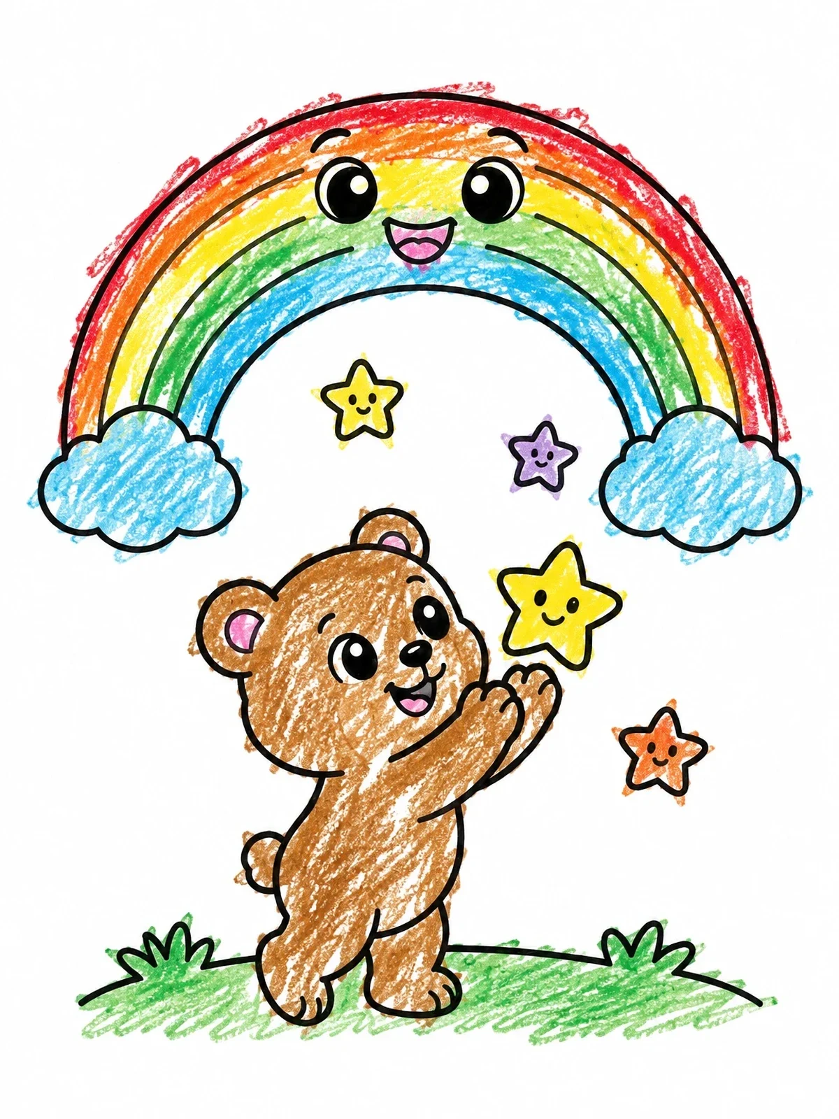 Colored example of the Bear Cub Catching Stars Under Rainbow coloring page