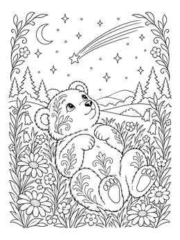 A sweet bear cub rests in flowers on this shooting stars coloring page under a night sky.