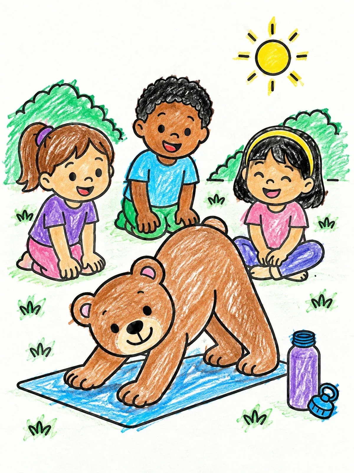 Colored example of the Bear Doing Downward Dog For Kids coloring page