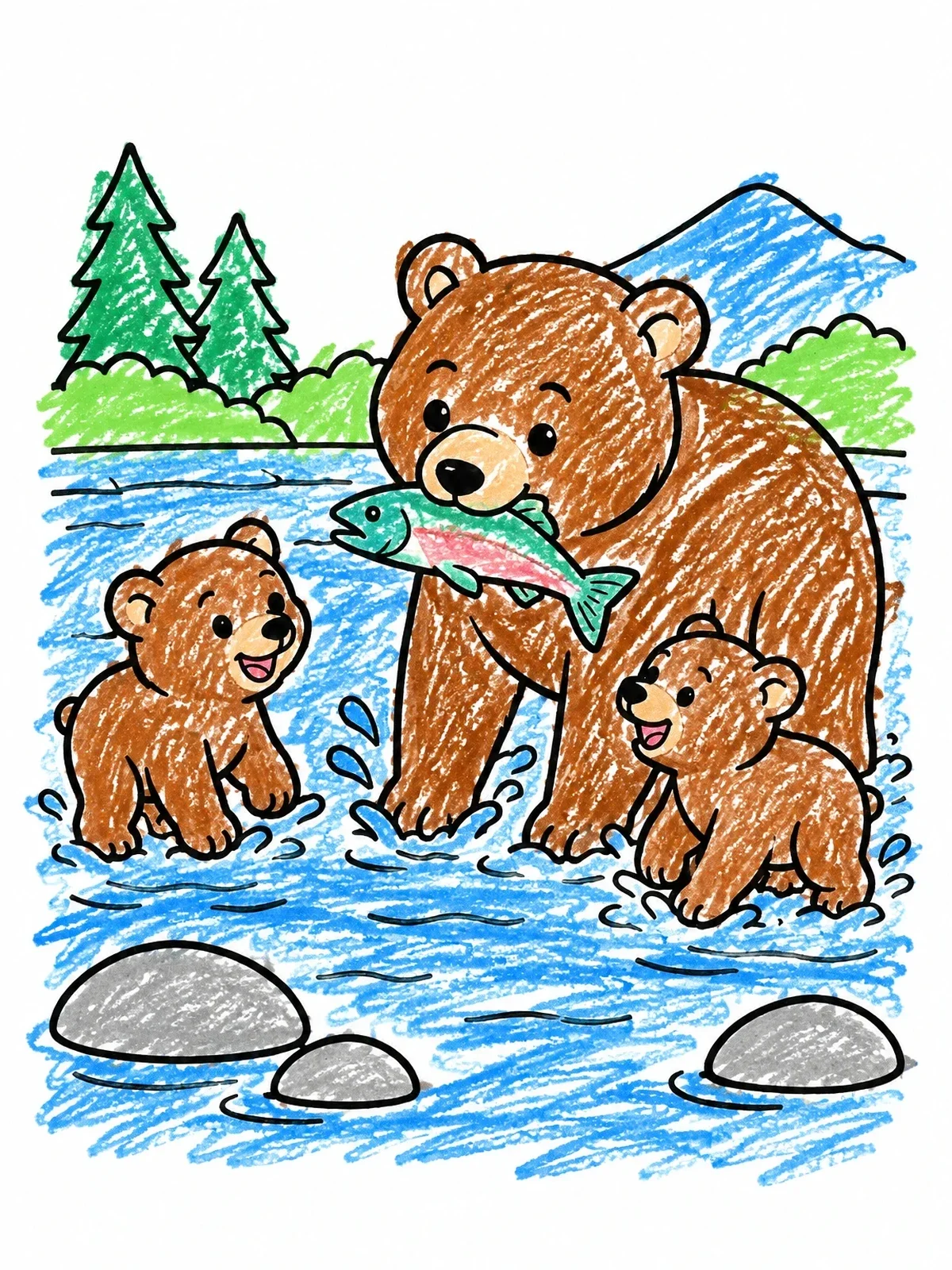 Colored example of the Bear Family Fishing In River coloring page